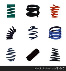 Coil spring cable icon set. Flat set of 9 coil spring cable vector icons for web design. Coil spring cable icon set, flat style