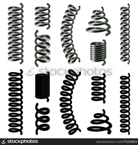 Coil spring flexible cable mockup set. Realistic illustration of 14 coil spring flexible cable mockups for web. Coil spring cable mockup set, realistic style