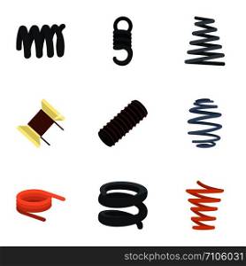 Coil spring icon set. Flat set of 9 coil spring vector icons for web design. Coil spring icon set, flat style