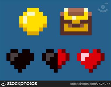 Coin and chest awards, heart object on blue, lose life, squared symbols of pixel game in flat design style, adventure geometric sign set, find vector. Pixelated mobile app video-game. Coin and Heart, Pixel Game, Award Icon Vector