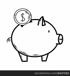 Coin and piggy bank. Vector doodle illustration. Business icon.