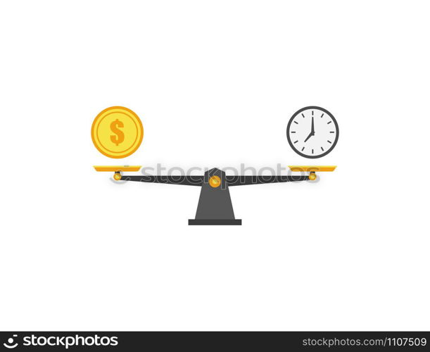 coin and watch on scales isolate on white background, vector. coin and watch on scales isolate on white background