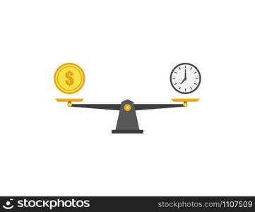 coin and watch on scales isolate on white background, vector. coin and watch on scales isolate on white background