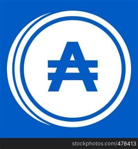 Coin austral icon white isolated on blue background vector illustration. Coin austral icon white