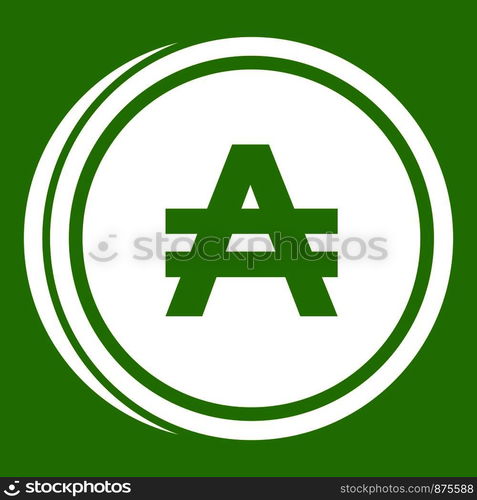 Coin austral icon white isolated on green background. Vector illustration. Coin austral icon green