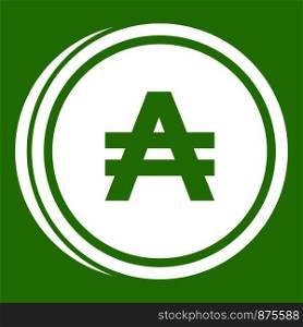 Coin austral icon white isolated on green background. Vector illustration. Coin austral icon green