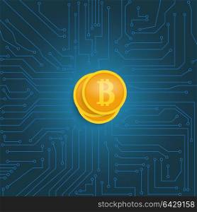Coin bitcoin on the motherboard.. Coin bitcoin on the motherboard. Vector illustration .