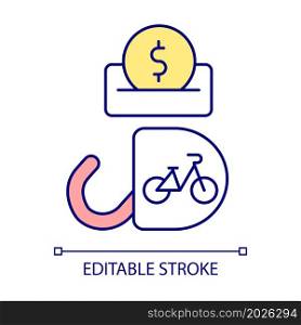 Coin deposit station RGB color icon. Bike-sharing system for payment. Bicycle rack with locking. Bike rental business. Isolated vector illustration. Simple filled line drawing. Editable stroke. Coin deposit station RGB color icon