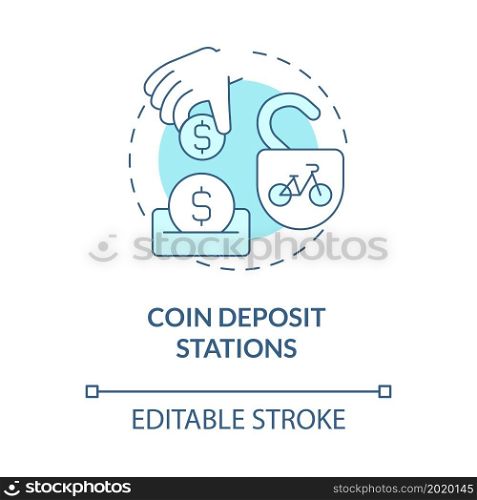 Coin deposit stations blue concept icon. Bicycle sharing category abstract idea thin line illustration. Short term bike rental. Coin-access. Vector isolated outline color drawing. Editable stroke. Coin deposit stations blue concept icon
