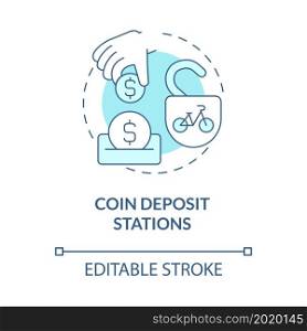 Coin deposit stations blue concept icon. Bicycle sharing category abstract idea thin line illustration. Short term bike rental. Coin-access. Vector isolated outline color drawing. Editable stroke. Coin deposit stations blue concept icon