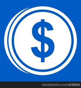 Coin dollar icon white isolated on blue background vector illustration. Coin dollar icon white
