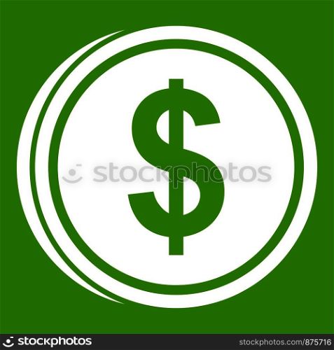 Coin dollar icon white isolated on green background. Vector illustration. Coin dollar icon green