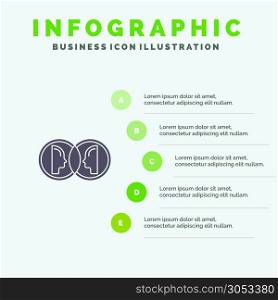 Coin, Face, Dual, Duplicate, Man Solid Icon Infographics 5 Steps Presentation Background
