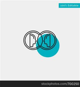 Coin, Face, Dual, Duplicate, Man turquoise highlight circle point Vector icon
