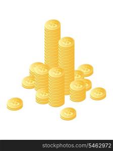 Coin. Gold coins stacked by a mountain and separately
