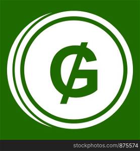 Coin guarani icon white isolated on green background. Vector illustration. Coin guarani icon green