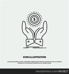 coin, hand, stack, dollar, income Icon. Line vector gray symbol for UI and UX, website or mobile application. Vector EPS10 Abstract Template background