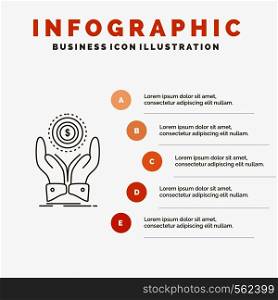 coin, hand, stack, dollar, income Infographics Template for Website and Presentation. Line Gray icon with Orange infographic style vector illustration. Vector EPS10 Abstract Template background