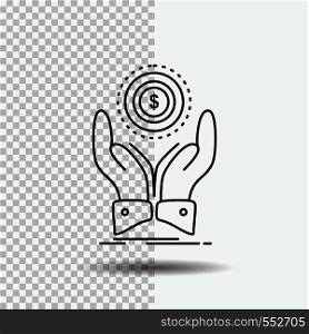 coin, hand, stack, dollar, income Line Icon on Transparent Background. Black Icon Vector Illustration. Vector EPS10 Abstract Template background