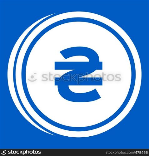 Coin hryvnia icon white isolated on blue background vector illustration. Coin hryvnia icon white