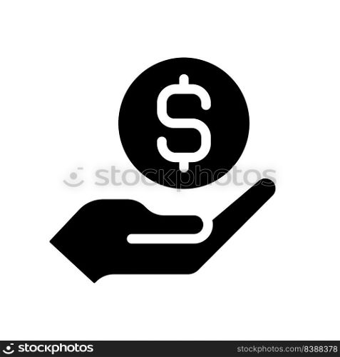 Coin in hand black glyph icon. Giving money. Financial contribution. Lending cash. Monetary funds. Economic growth. Silhouette symbol on white space. Solid pictogram. Vector isolated illustration. Coin in hand black glyph icon