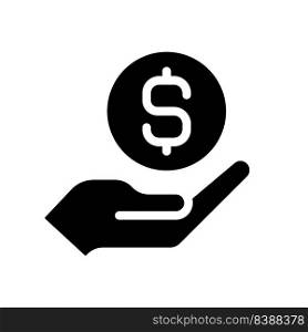 Coin in hand black glyph icon. Giving money. Financial contribution. Lending cash. Monetary funds. Economic growth. Silhouette symbol on white space. Solid pictogram. Vector isolated illustration. Coin in hand black glyph icon