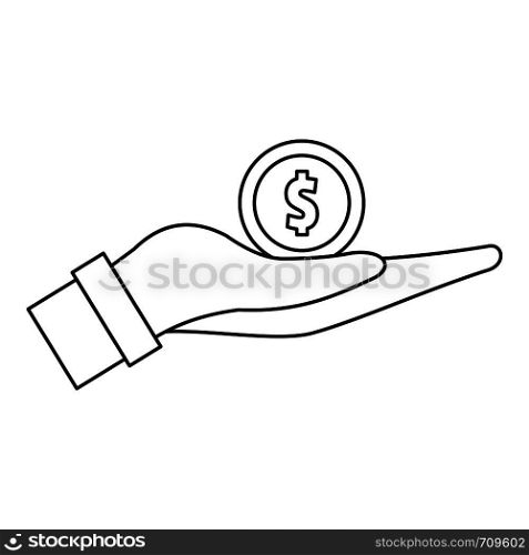 Coin in hand icon. Outline illustration of coin in hand vector icon for web. Coin in hand icon, outline style
