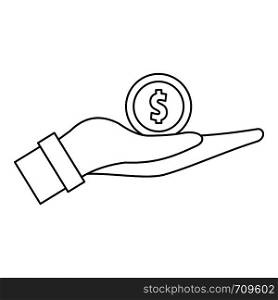 Coin in hand icon. Outline illustration of coin in hand vector icon for web. Coin in hand icon, outline style