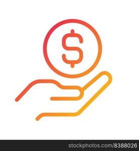 Coin in hand pixel perfect gradient linear vector icon. Giving money. Financial contribution. Lending cash. Thin line color symbol. Modern style pictogram. Vector isolated outline drawing. Coin in hand pixel perfect gradient linear vector icon