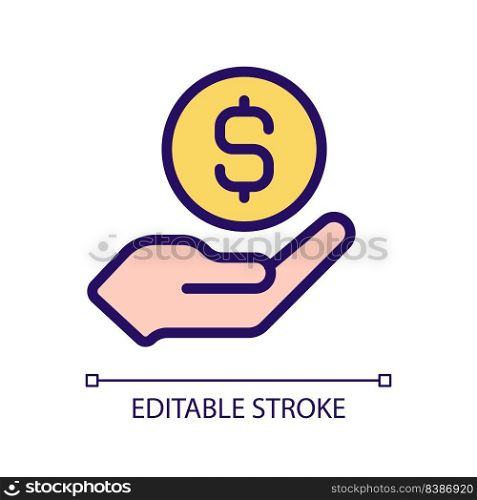 Coin in hand pixel perfect RGB color icon. Giving money. Financial contribution. Lending cash. Isolated vector illustration. Simple filled line drawing. Editable stroke. Arial font used. Coin in hand pixel perfect RGB color icon