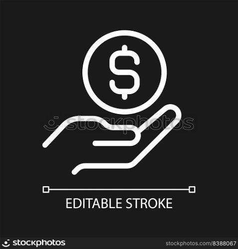 Coin in hand pixel perfect white linear icon for dark theme. Giving money. Financial contribution. Lend cash. Thin line illustration. Isolated symbol for night mode. Editable stroke. Arial font used. Coin in hand pixel perfect white linear icon for dark theme