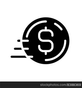 Coin in motion black glyph icon. Bank transfer payment. Send money. Digital wallet. Withdrawing cash. Online banking. Silhouette symbol on white space. Solid pictogram. Vector isolated illustration. Coin in motion black glyph icon