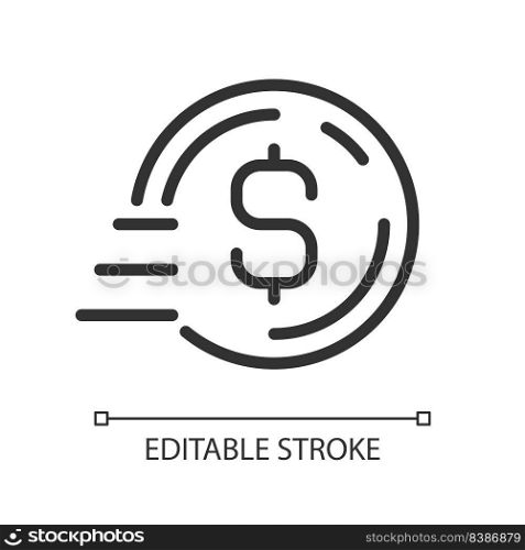 Coin in motion pixel perfect linear icon. Bank transfer payment. Send money. Digital wallet. Thin line illustration. Contour symbol. Vector outline drawing. Editable stroke. Arial font used. Coin in motion pixel perfect linear icon