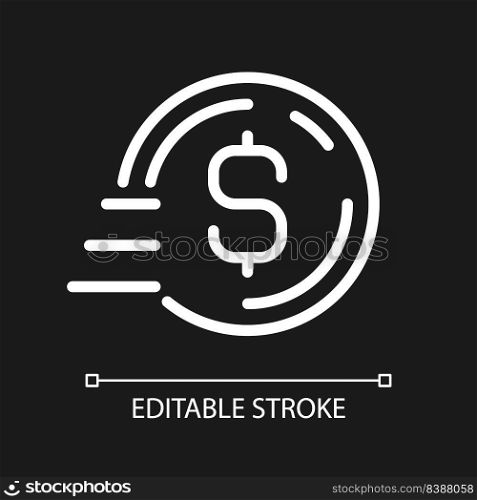 Coin in motion pixel perfect white linear icon for dark theme. Bank transfer payment. Digital wallet. Thin line illustration. Isolated symbol for night mode. Editable stroke. Arial font used. Coin in motion pixel perfect white linear icon for dark theme