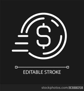 Coin in motion pixel perfect white linear icon for dark theme. Bank transfer payment. Digital wallet. Thin line illustration. Isolated symbol for night mode. Editable stroke. Arial font used. Coin in motion pixel perfect white linear icon for dark theme