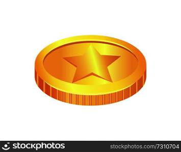 Coin made of gold, material with image of star shape, piece of money, treasure in form of coins, unique sign, vector illustration, isolated on white. Coin Made of Gold Material Vector Illustration