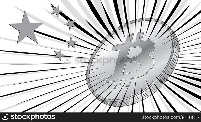 Coin of bitcoin with stars from Chinese flag and rays in gray colors on white background. China one of leaders in BTC mining with large hashrate. Vector illustration.. Coin of bitcoin with stars from Chinese flag and rays in gray colors on white background. China one of leaders in BTC mining with large hashrate.