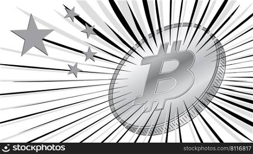 Coin of bitcoin with stars from Chinese flag and rays in gray colors on white background. China one of leaders in BTC mining with large hashrate. Vector illustration.. Coin of bitcoin with stars from Chinese flag and rays in gray colors on white background. China one of leaders in BTC mining with large hashrate.