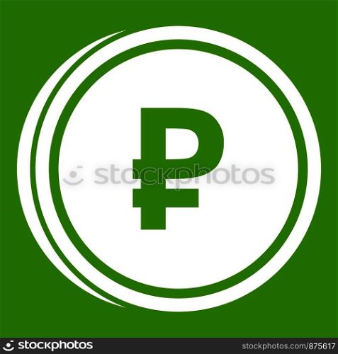 Coin ruble icon white isolated on green background. Vector illustration. Coin ruble icon green