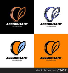 Coin symbol with feather sing. Money blog writer logo or accountant worker.