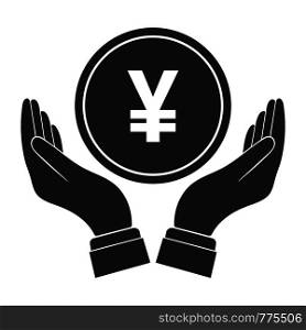 coin with a YUAN symbol falls into the palm of your hand. Flat design