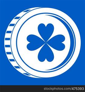 Coin with clover sign icon white isolated on blue background vector illustration. Coin with clover sign icon white