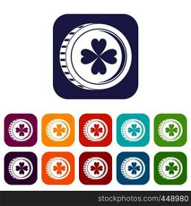 Coin with clover sign icons set vector illustration in flat style In colors red, blue, green and other. Coin with clover sign icons set flat