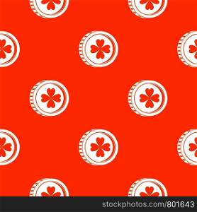 Coin with clover sign pattern repeat seamless in orange color for any design. Vector geometric illustration. Coin with clover sign pattern seamless
