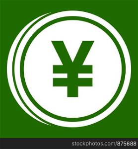 Coin yen icon white isolated on green background. Vector illustration. Coin yen icon green