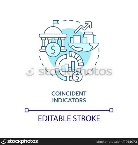 Coincident indicators turquoise concept icon. Type of economic analysis elements abstract idea thin line illustration. Isolated outline drawing. Editable stroke. Arial, Myriad Pro-Bold fonts use. Coincident indicators turquoise concept icon