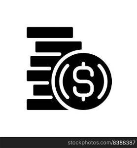 Coins black glyph icon. Cash form. Piece of valuable metal. Foreign exchange. Disc shaped money. Special penny design. Silhouette symbol on white space. Solid pictogram. Vector isolated illustration. Coins black glyph icon