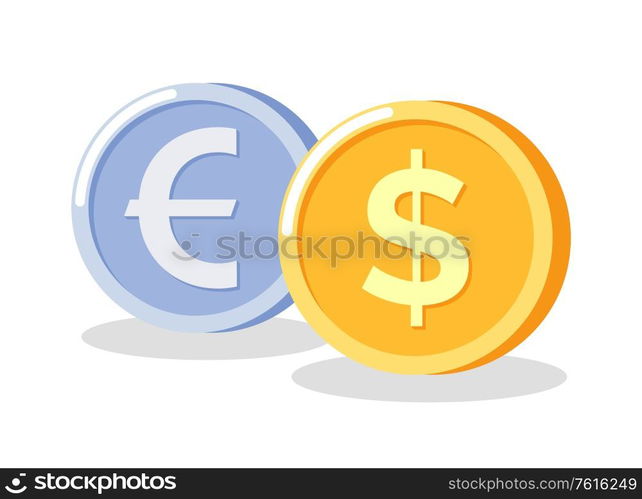 Coins euro and dollar, golden and silver circle money, metal cash or purse, currency object with shadow, financial element of bank, investment vector. Coin market exchange. Golden and Silver Circle Money, Coins Icon Vector