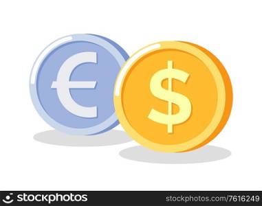 Coins euro and dollar, golden and silver circle money, metal cash or purse, currency object with shadow, financial element of bank, investment vector. Coin market exchange. Golden and Silver Circle Money, Coins Icon Vector