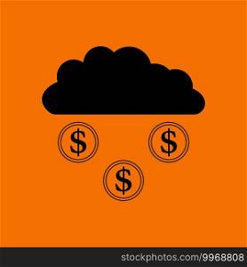 Coins Falling From Cloud Icon. Black on Orange Background. Vector Illustration.